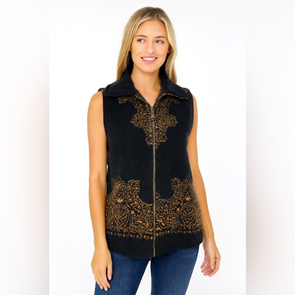 Vintage Zip Up Vest Black Gold Tapestry Pattern Pockets Boho Cottagecore Small